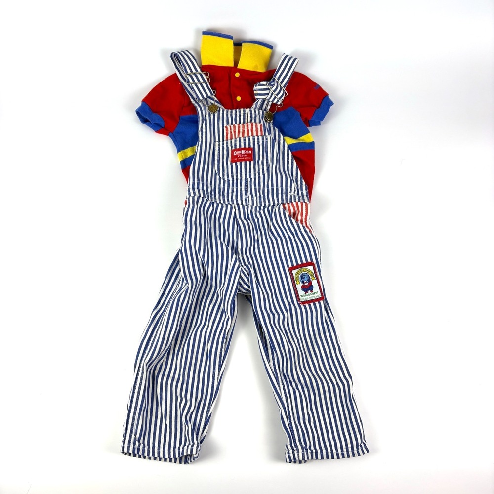 VTG Osh Kosh B'Gosh Overalls & Polo Shirt Set 3T Red‎ Blue White Stripes Yellow
